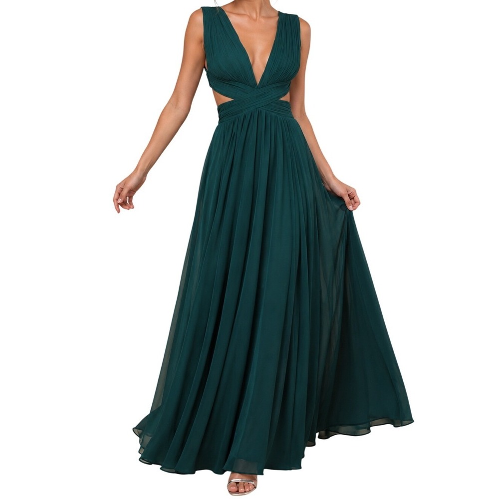 Lulus Emerald Green Cutout Chiffon Maxi Dress Formal Gown NWT XL